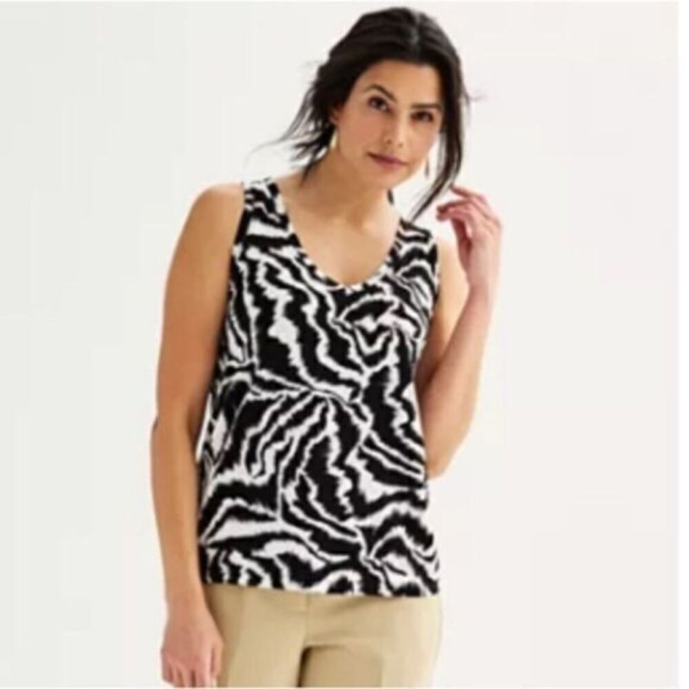 XL Nine West Lightweight Summer V-Neck Tank Black Zigzag Zebra SKU102